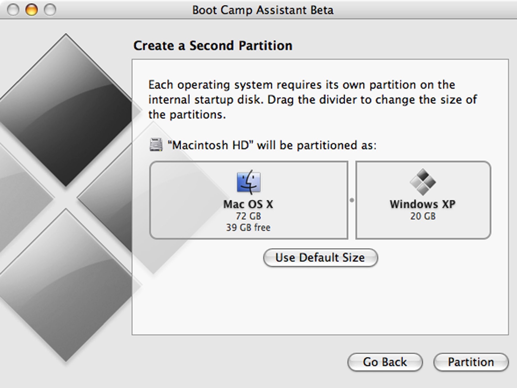error when partitioning mac for bootcamp